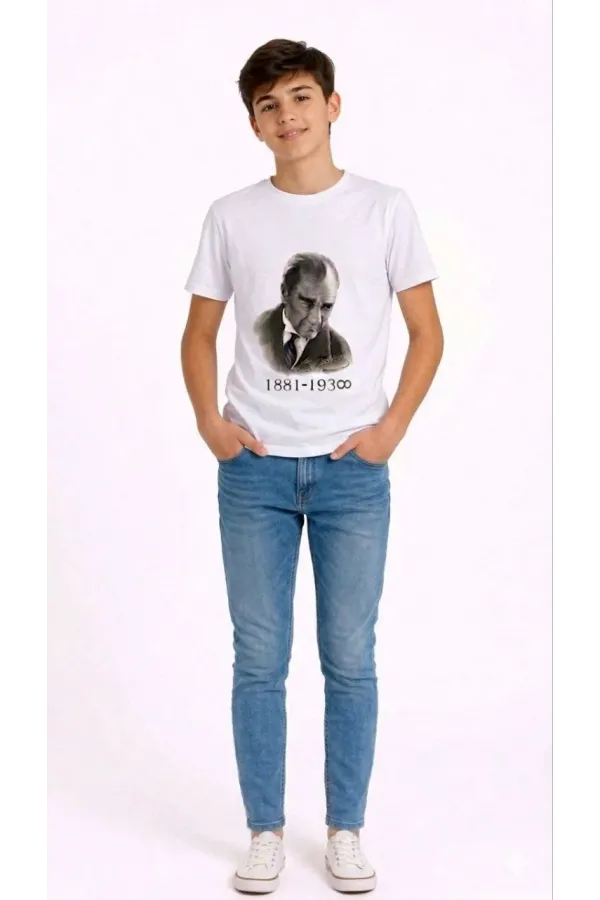 Erkek Çocuk Atatürk Baskılı Tişört Kısa Kollu Bisiklet Yaka T-Shirt - Beyaz