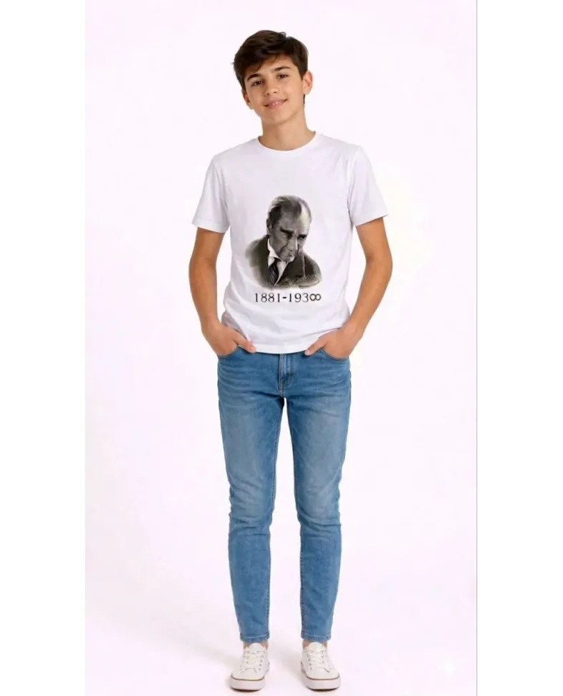 Erkek Çocuk Atatürk Baskılı Tişört Kısa Kollu Bisiklet Yaka T-Shirt - Beyaz