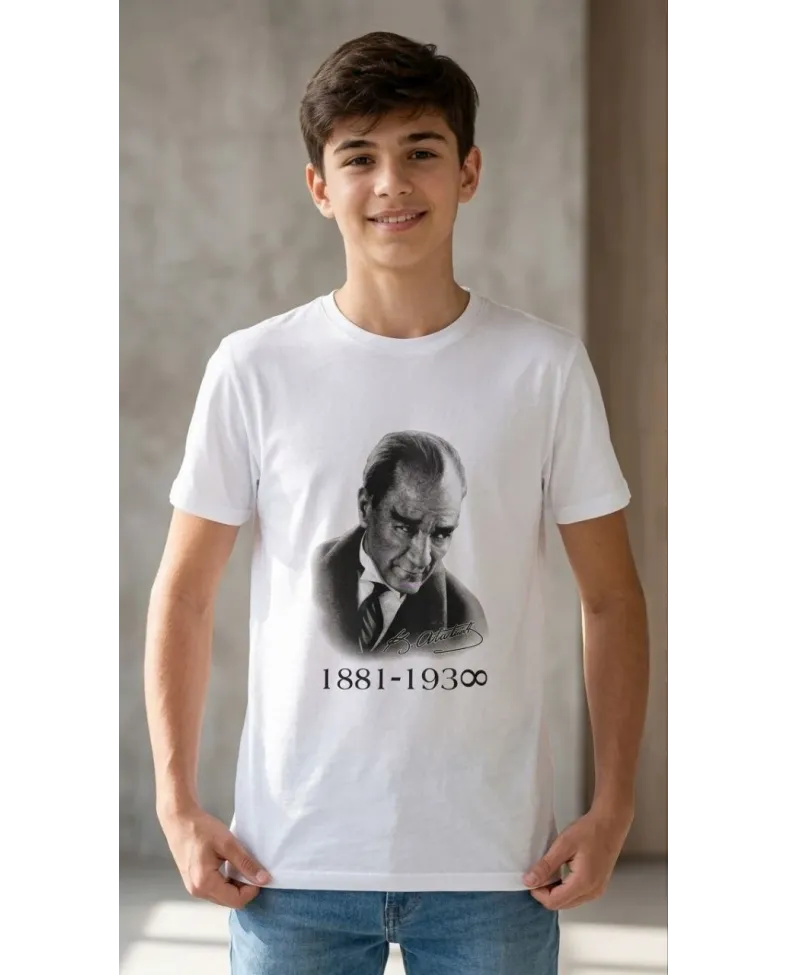Erkek Çocuk Atatürk Baskılı Tişört Kısa Kollu Bisiklet Yaka T-Shirt - Beyaz