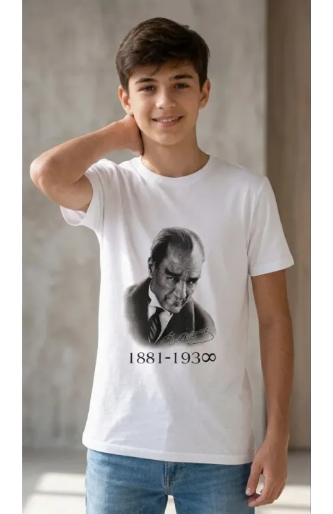 Erkek Çocuk Atatürk Baskılı Tişört Kısa Kollu Bisiklet Yaka T-Shirt - Beyaz