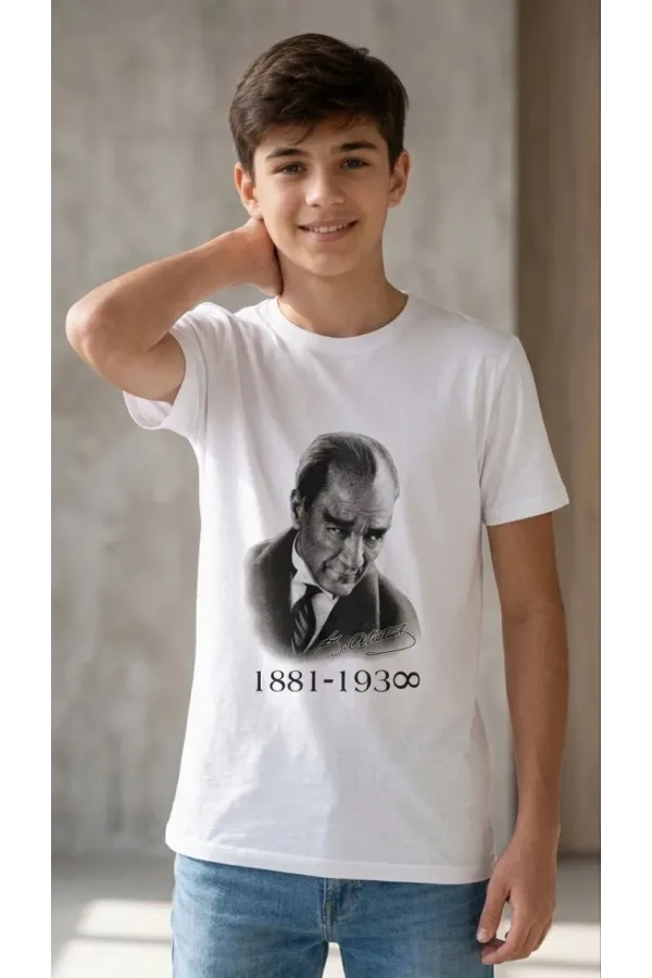 Erkek Çocuk Atatürk Baskılı Tişört Kısa Kollu Bisiklet Yaka T-Shirt - Beyaz