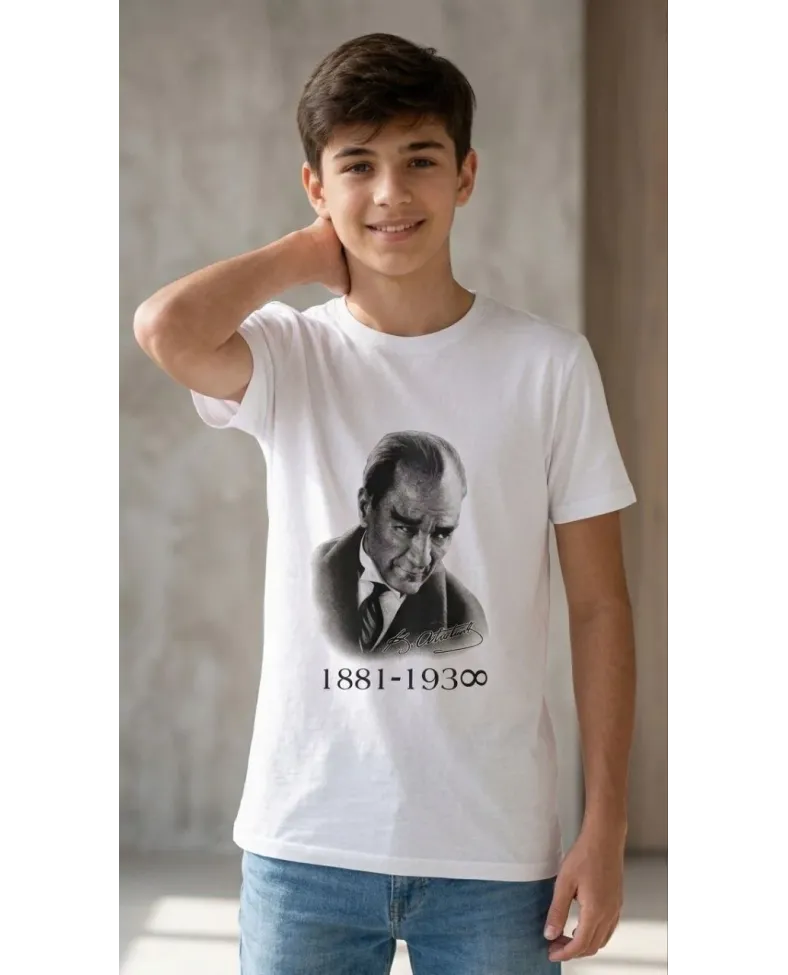 Erkek Çocuk Atatürk Baskılı Tişört Kısa Kollu Bisiklet Yaka T-Shirt - Beyaz