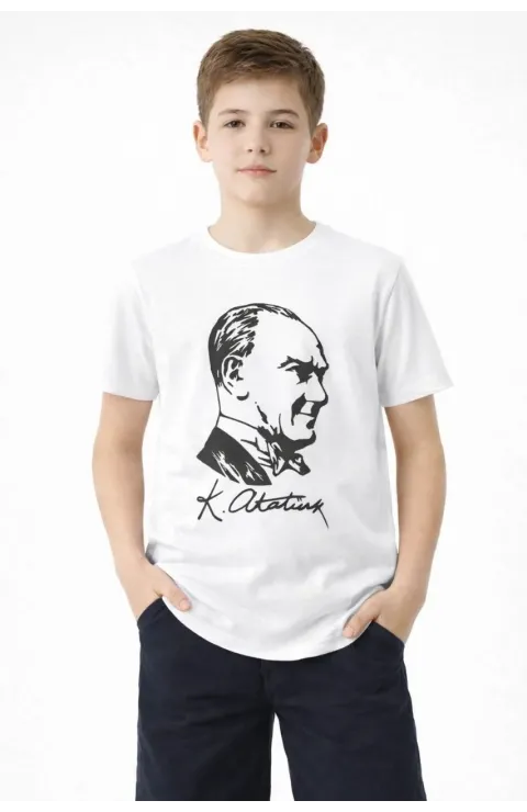 Erkek Çocuk Atatürk Baskılı Tişört Kısa Kollu Bisiklet Yaka T-Shirt - Beyaz
