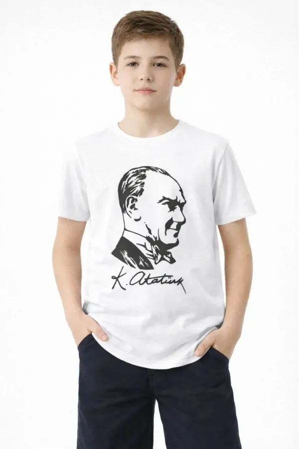 Erkek Çocuk Atatürk Baskılı Tişört Kısa Kollu Bisiklet Yaka T-Shirt - Beyaz