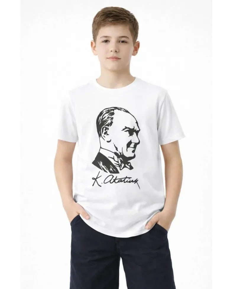 Erkek Çocuk Atatürk Baskılı Tişört Kısa Kollu Bisiklet Yaka T-Shirt - Beyaz