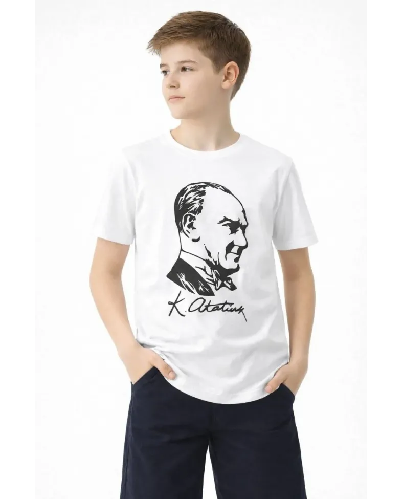 Erkek Çocuk Atatürk Baskılı Tişört Kısa Kollu Bisiklet Yaka T-Shirt - Beyaz