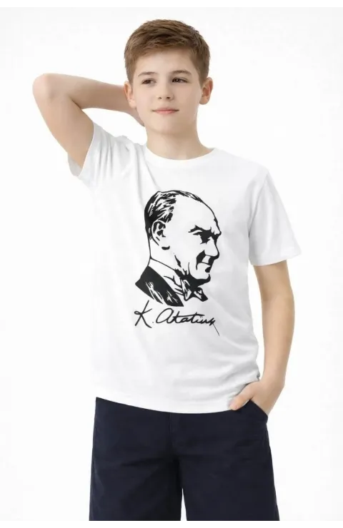 Erkek Çocuk Atatürk Baskılı Tişört Kısa Kollu Bisiklet Yaka T-Shirt - Beyaz