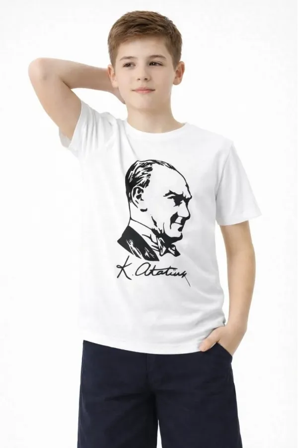 Erkek Çocuk Atatürk Baskılı Tişört Kısa Kollu Bisiklet Yaka T-Shirt - Beyaz