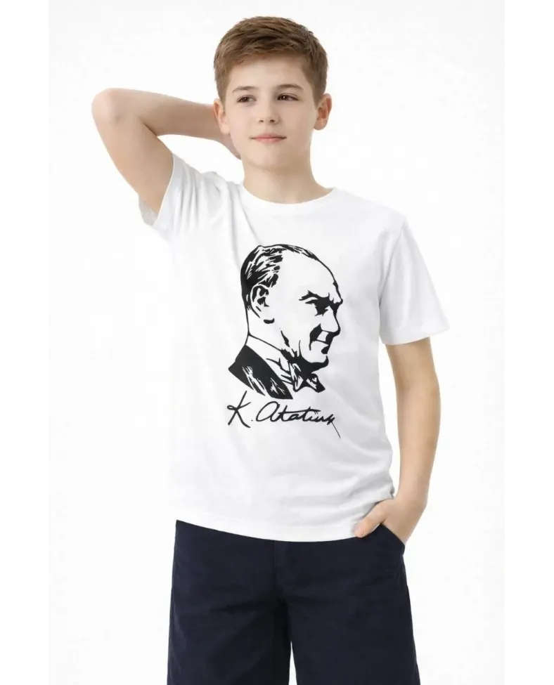 Erkek Çocuk Atatürk Baskılı Tişört Kısa Kollu Bisiklet Yaka T-Shirt - Beyaz