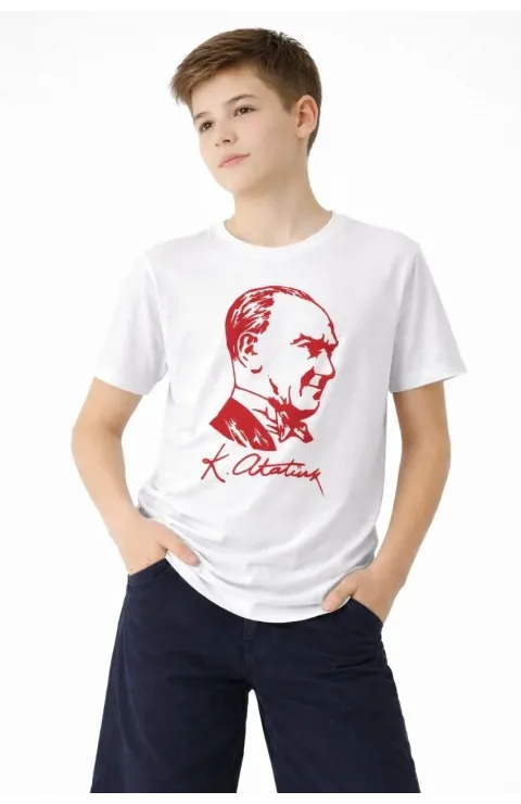 Erkek Çocuk Atatürk Baskılı Tişört Kısa Kollu Bisiklet Yaka T-Shirt - Beyaz
