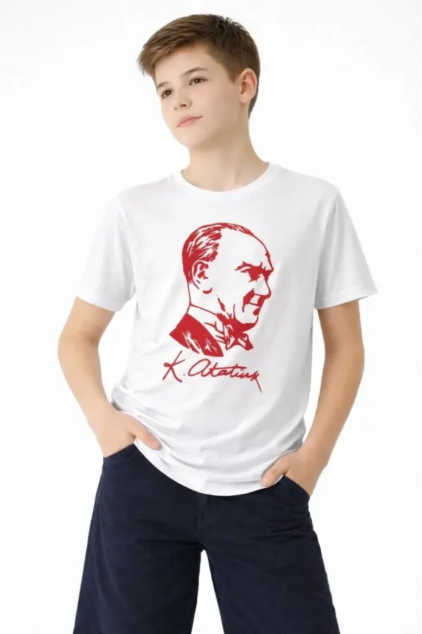 Erkek Çocuk Atatürk Baskılı Tişört Kısa Kollu Bisiklet Yaka T-Shirt - Beyaz