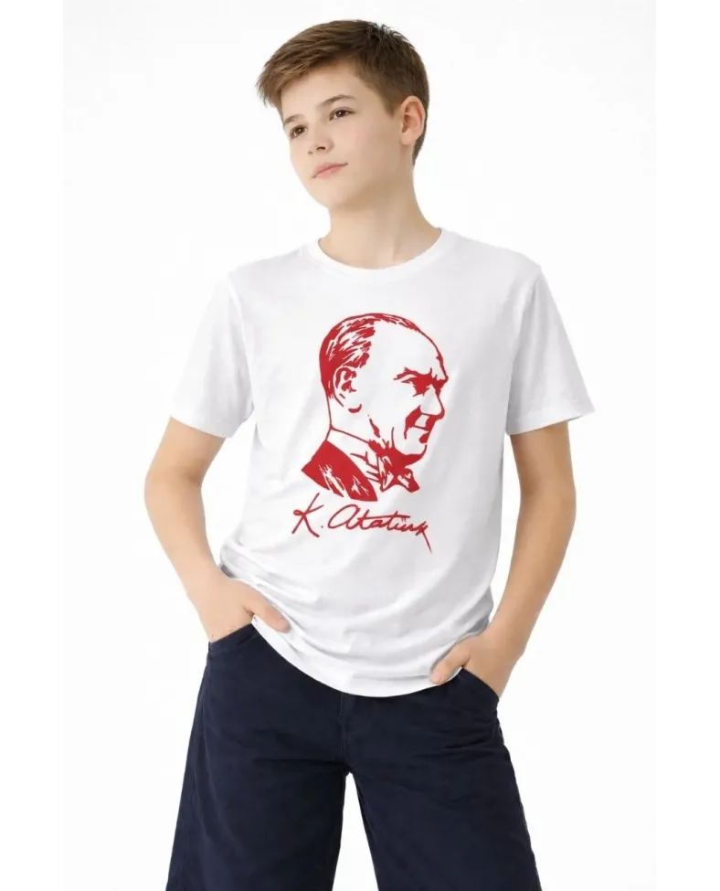 Erkek Çocuk Atatürk Baskılı Tişört Kısa Kollu Bisiklet Yaka T-Shirt - Beyaz