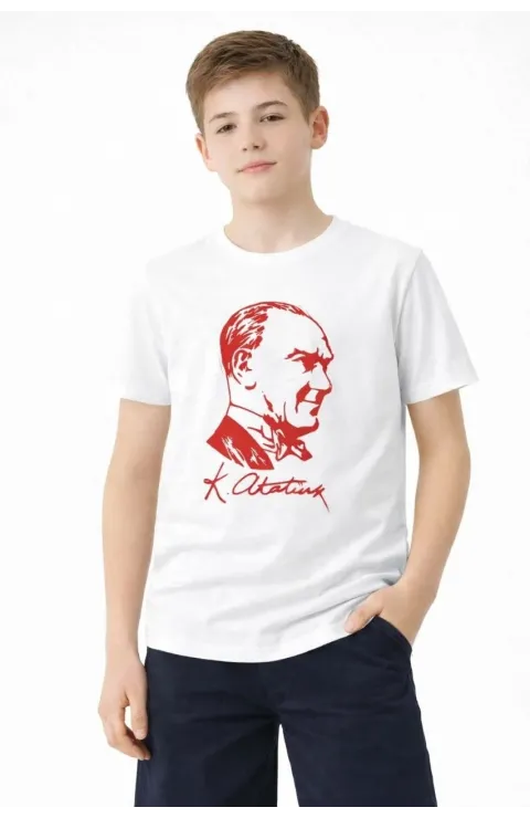 Erkek Çocuk Atatürk Baskılı Tişört Kısa Kollu Bisiklet Yaka T-Shirt - Beyaz