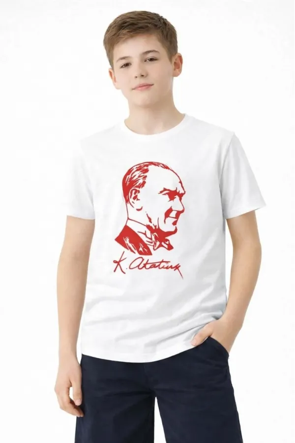Erkek Çocuk Atatürk Baskılı Tişört Kısa Kollu Bisiklet Yaka T-Shirt - Beyaz