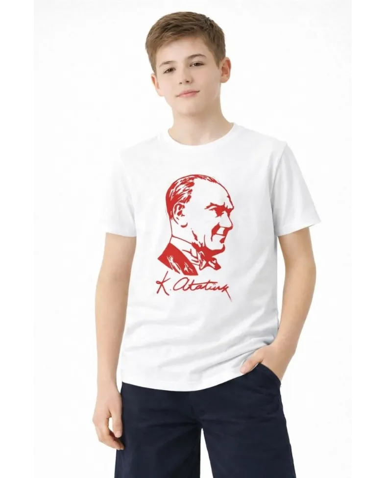 Erkek Çocuk Atatürk Baskılı Tişört Kısa Kollu Bisiklet Yaka T-Shirt - Beyaz