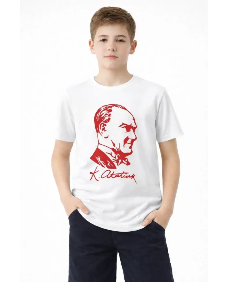 Erkek Çocuk Atatürk Baskılı Tişört Kısa Kollu Bisiklet Yaka T-Shirt - Beyaz