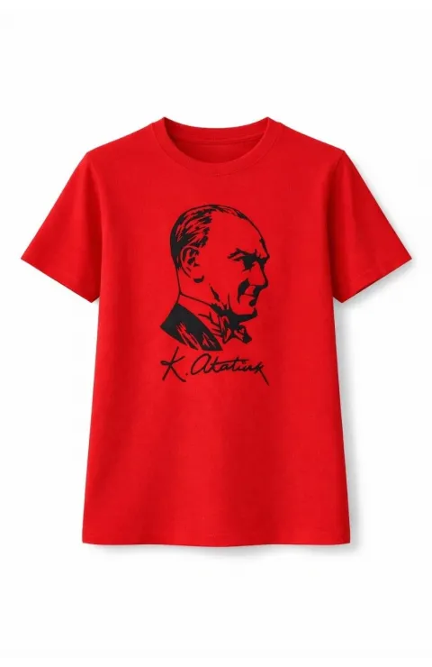 Kız Çocuk Atatürk Baskılı Tişört Kısa Kollu Bisiklet Yaka T-Shirt - Kırmızı