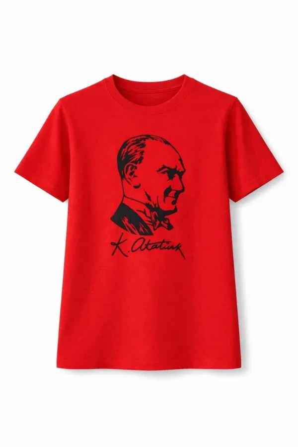 Kız Çocuk Atatürk Baskılı Tişört Kısa Kollu Bisiklet Yaka T-Shirt - Kırmızı