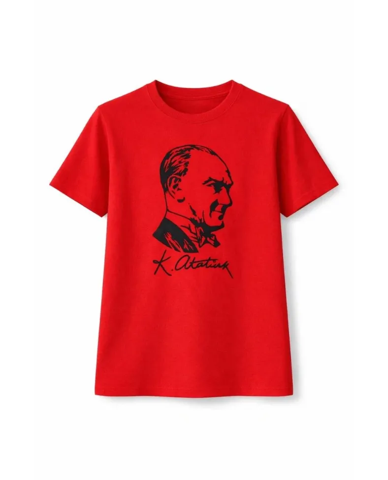 Kız Çocuk Atatürk Baskılı Tişört Kısa Kollu Bisiklet Yaka T-Shirt - Kırmızı