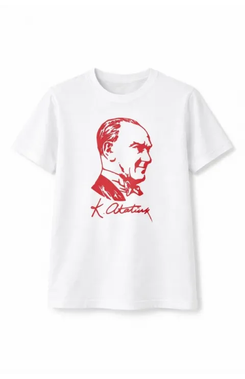 Erkek Çocuk Atatürk Baskılı Tişört Kısa Kollu Bisiklet Yaka T-Shirt - Beyaz