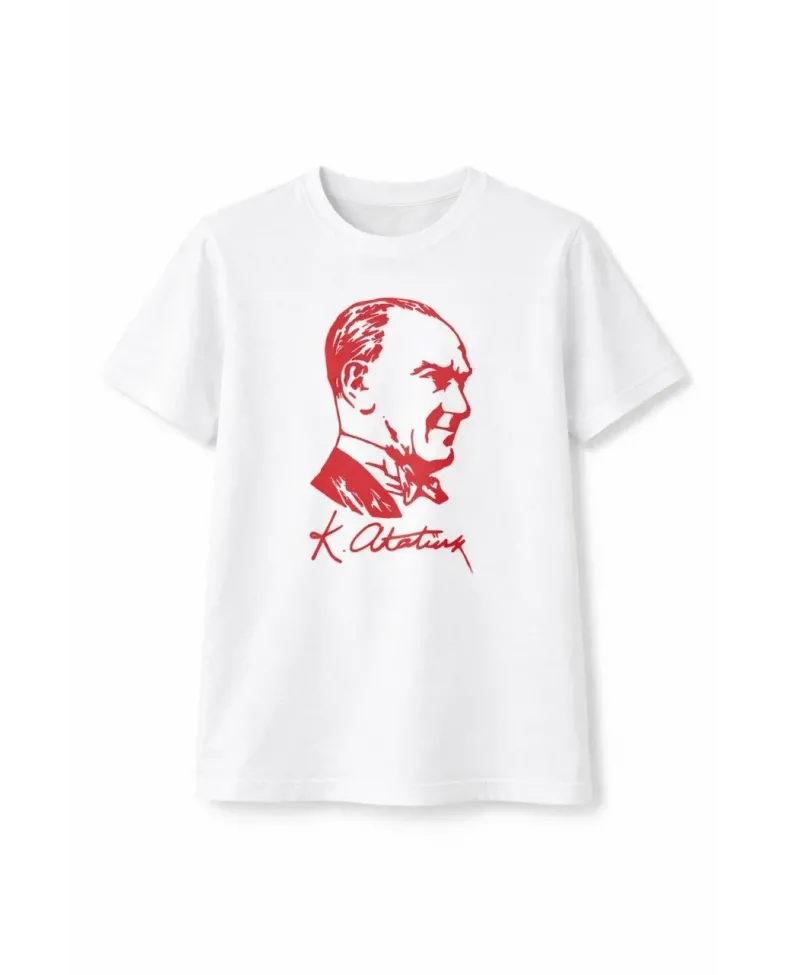 Erkek Çocuk Atatürk Baskılı Tişört Kısa Kollu Bisiklet Yaka T-Shirt - Beyaz