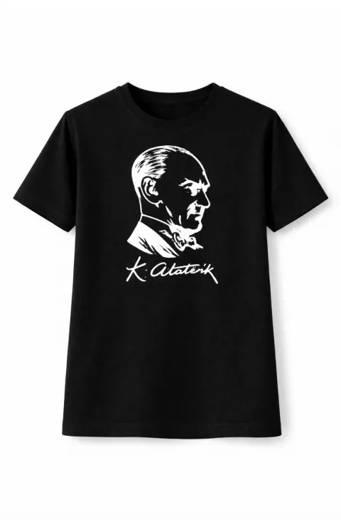 Erkek Çocuk Atatürk Baskılı Tişört Kısa Kollu Bisiklet Yaka T-Shirt - Siyah
