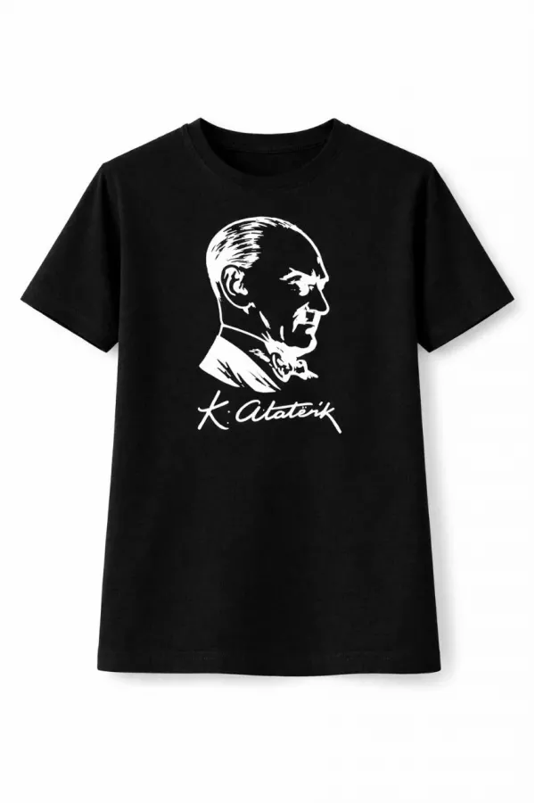 Erkek Çocuk Atatürk Baskılı Tişört Kısa Kollu Bisiklet Yaka T-Shirt - Siyah