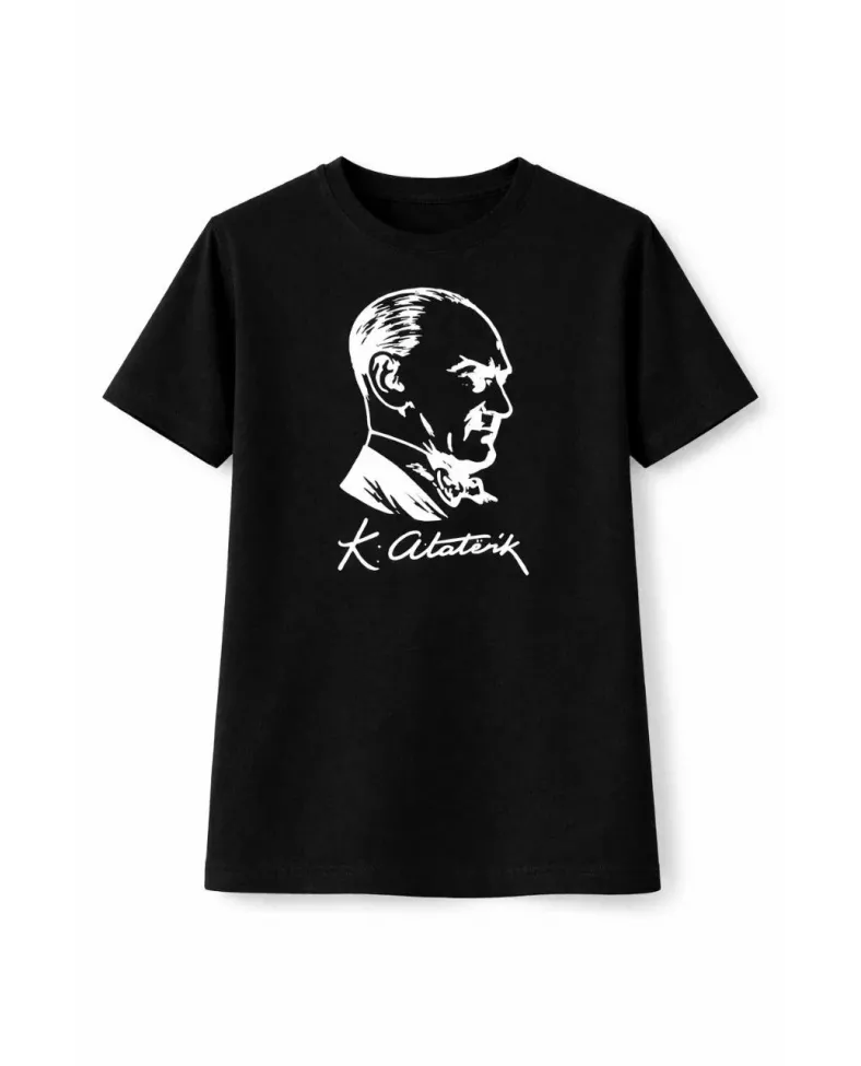 Erkek Çocuk Atatürk Baskılı Tişört Kısa Kollu Bisiklet Yaka T-Shirt - Siyah