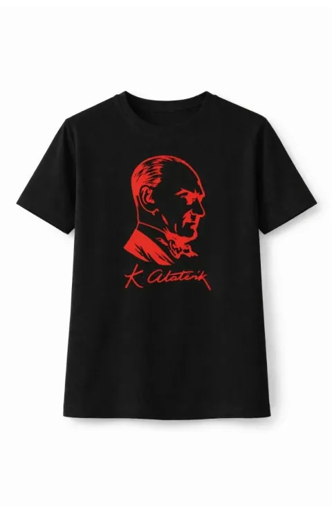 Kız Çocuk Atatürk Baskılı Tişört Kısa Kollu Bisiklet Yaka T-Shirt - Siyah