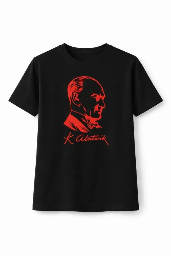 Kız Çocuk Atatürk Baskılı Tişört Kısa Kollu Bisiklet Yaka T-Shirt - Siyah