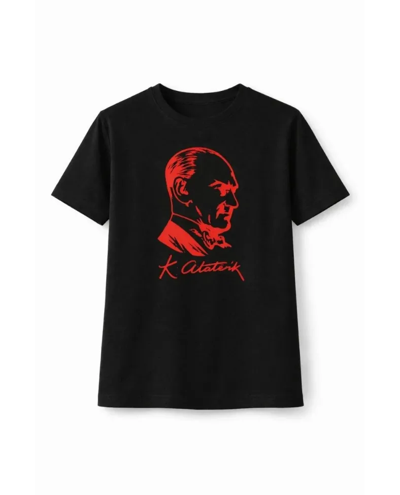 Kız Çocuk Atatürk Baskılı Tişört Kısa Kollu Bisiklet Yaka T-Shirt - Siyah