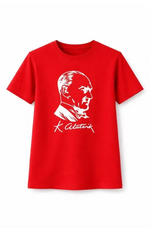 Kız Çocuk Atatürk Baskılı Tişört Kısa Kollu Bisiklet Yaka T-Shirt - Kırmızı