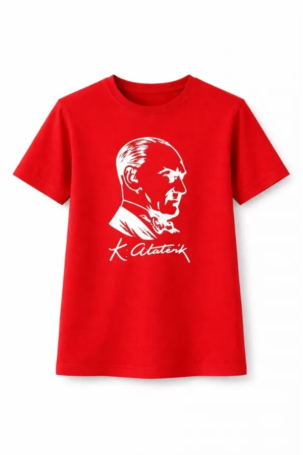 Kız Çocuk Atatürk Baskılı Tişört Kısa Kollu Bisiklet Yaka T-Shirt - Kırmızı