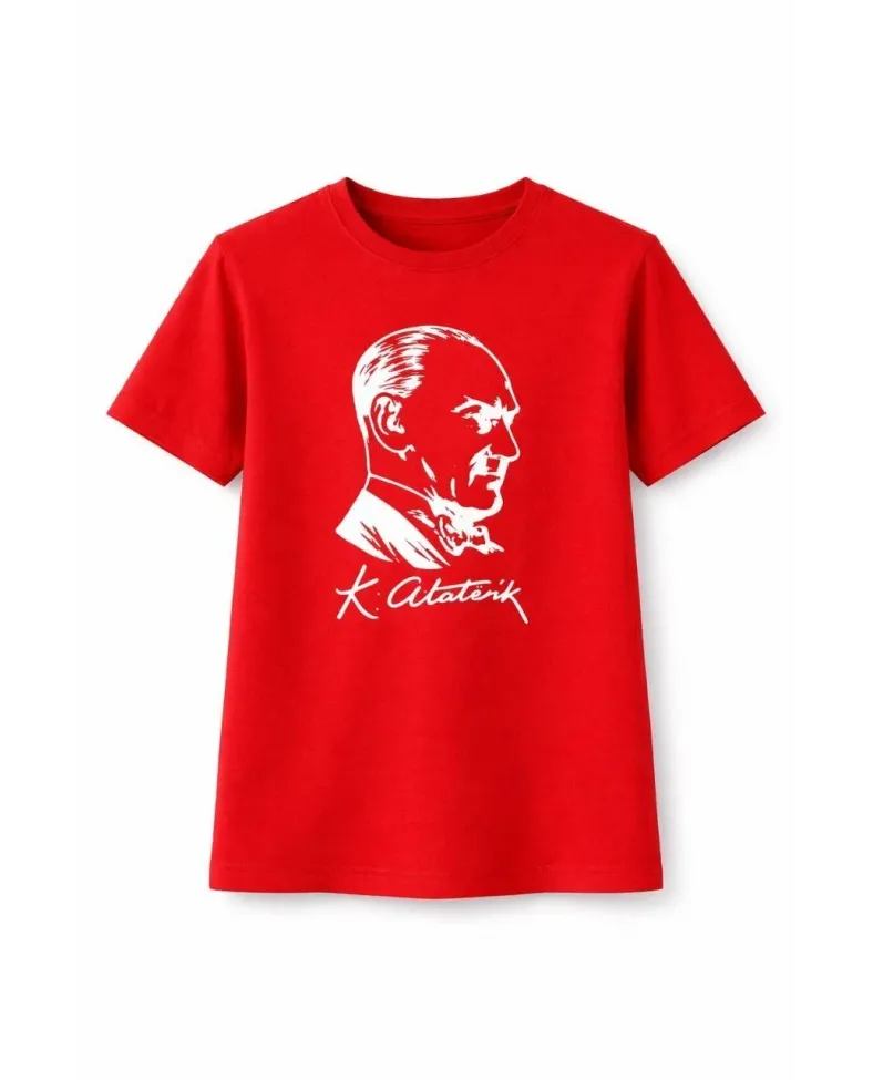 Kız Çocuk Atatürk Baskılı Tişört Kısa Kollu Bisiklet Yaka T-Shirt - Kırmızı