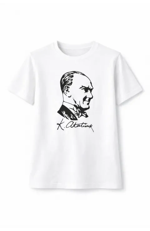 Erkek Çocuk Atatürk Baskılı Tişört Kısa Kollu Bisiklet Yaka T-Shirt - Beyaz