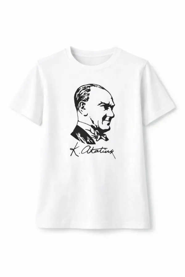 Erkek Çocuk Atatürk Baskılı Tişört Kısa Kollu Bisiklet Yaka T-Shirt - Beyaz