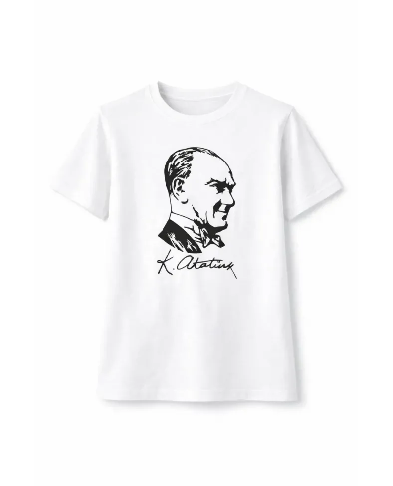 Erkek Çocuk Atatürk Baskılı Tişört Kısa Kollu Bisiklet Yaka T-Shirt - Beyaz