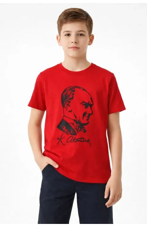 Erkek Çocuk Atatürk Baskılı Tişört Kısa Kollu Bisiklet Yaka T-Shirt - Kırmızı