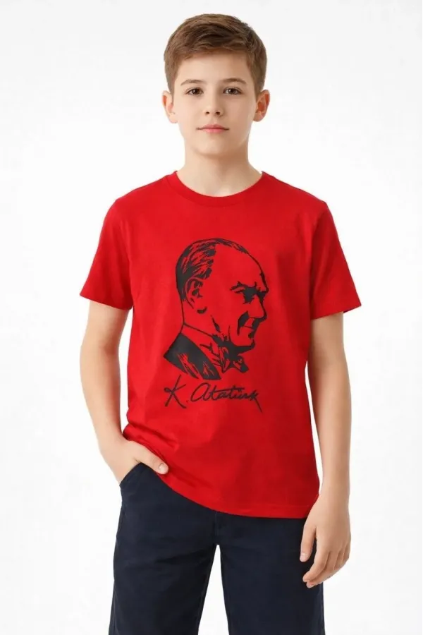 Erkek Çocuk Atatürk Baskılı Tişört Kısa Kollu Bisiklet Yaka T-Shirt - Kırmızı