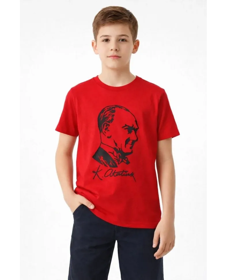 Erkek Çocuk Atatürk Baskılı Tişört Kısa Kollu Bisiklet Yaka T-Shirt - Kırmızı