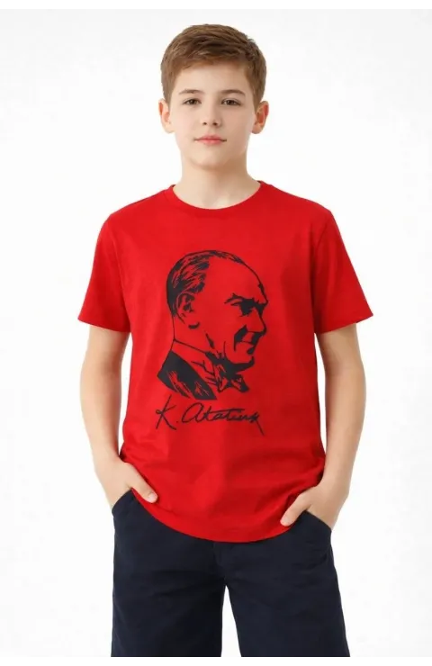 Erkek Çocuk Atatürk Baskılı Tişört Kısa Kollu Bisiklet Yaka T-Shirt - Kırmızı