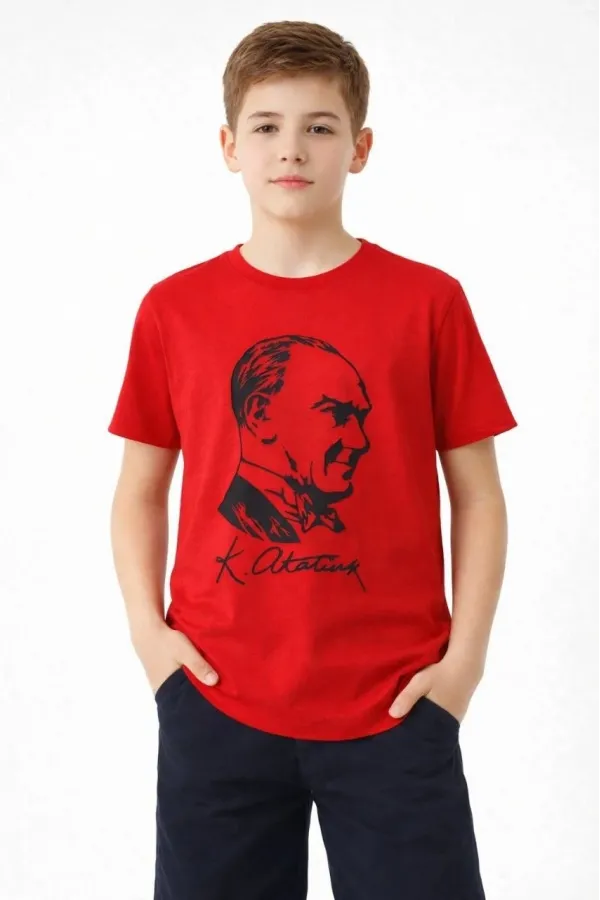 Erkek Çocuk Atatürk Baskılı Tişört Kısa Kollu Bisiklet Yaka T-Shirt - Kırmızı