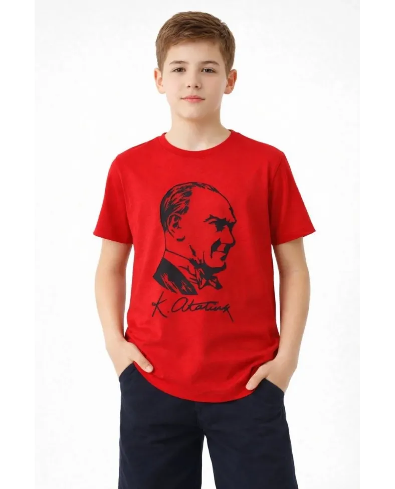 Erkek Çocuk Atatürk Baskılı Tişört Kısa Kollu Bisiklet Yaka T-Shirt - Kırmızı
