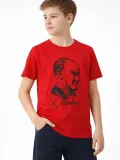 Erkek Çocuk Atatürk Baskılı Tişört Kısa Kollu Bisiklet Yaka T-Shirt - Kırmızı