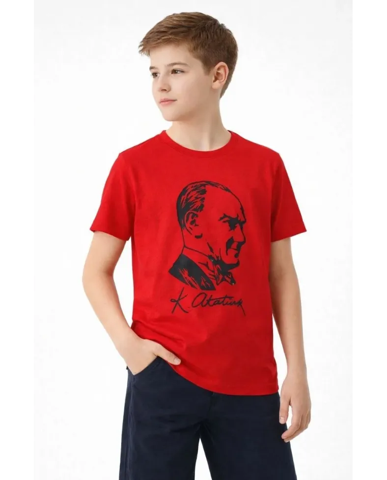 Erkek Çocuk Atatürk Baskılı Tişört Kısa Kollu Bisiklet Yaka T-Shirt - Kırmızı