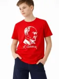Erkek Çocuk Atatürk Baskılı Tişört Kısa Kollu Bisiklet Yaka T-Shirt - Kırmızı