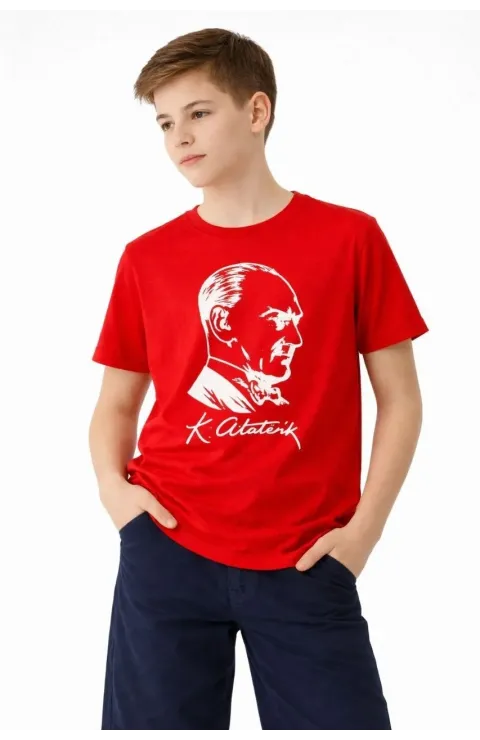 Erkek Çocuk Atatürk Baskılı Tişört Kısa Kollu Bisiklet Yaka T-Shirt - Kırmızı