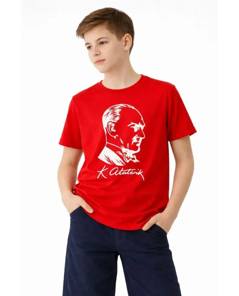 Erkek Çocuk Atatürk Baskılı Tişört Kısa Kollu Bisiklet Yaka T-Shirt - Kırmızı