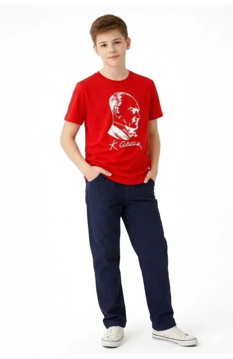 Erkek Çocuk Atatürk Baskılı Tişört Kısa Kollu Bisiklet Yaka T-Shirt - Kırmızı