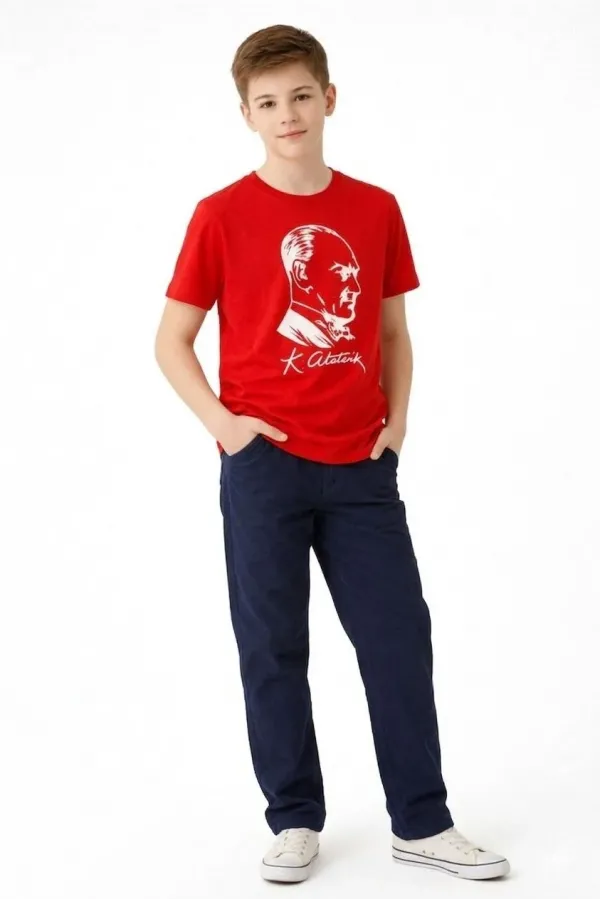 Erkek Çocuk Atatürk Baskılı Tişört Kısa Kollu Bisiklet Yaka T-Shirt - Kırmızı